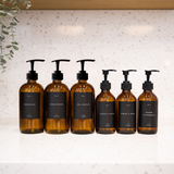 Set of 6 soap dispensers with labels